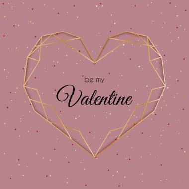 Geometrik altın kalp çerçeveli Sevgililer Günü tebrik kartı. Sevgililer Günü pembe çıplak geçmişim ol, vektör illüstrasyonum.