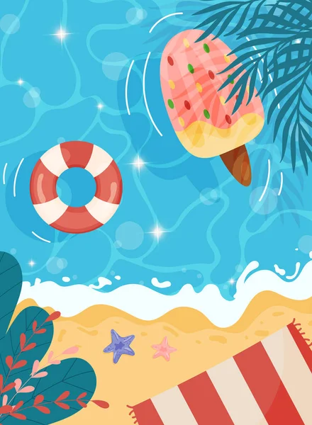 Karikatur Sommer Strand Hintergrund Mit Eiswagen Seesternen Und Palmen Vektorillustration — Stockvektor