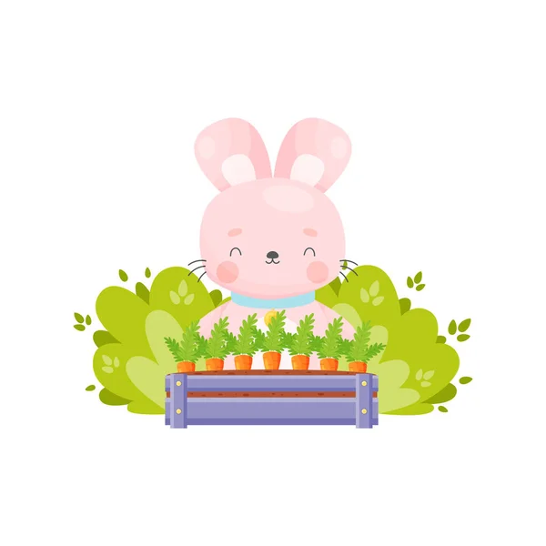 Милый Мультяшный Пасхальный Кролик Выращивает Морковь Векторная Иллюстрация — стоковый вектор
