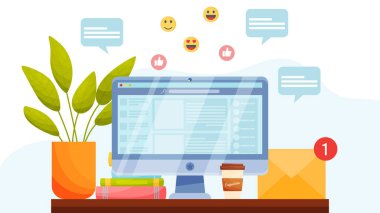 Sosyal medya konsepti. Sohbet baloncukları, duygular ve e-posta bildirimleriyle. İş yeri vektör illüstrasyonu. 