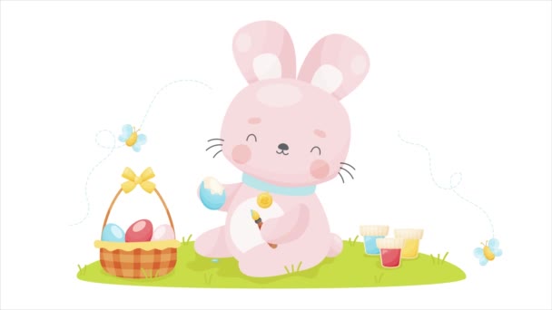 Cute Cartoon Easter Bunny Painting Eggs Vector Animation Video — Stock Video