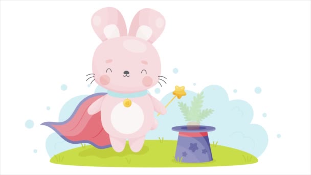 可爱的卡通复活节兔子魔术师带着魔杖从魔帽里拿出胡萝卜 矢量动画视频 — 图库视频影像
