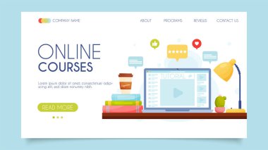 Çevrimiçi kurslar. İniş sayfası kavramı. Düz tasarım, vektör illüstrasyonu. 