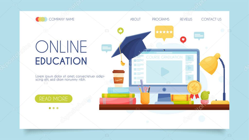 Online education graduation. Landing page concept. Flat design, vector illustration. 