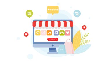 İnternetten alışveriş konsepti. Düz tasarım, vektör illüstrasyonu. 