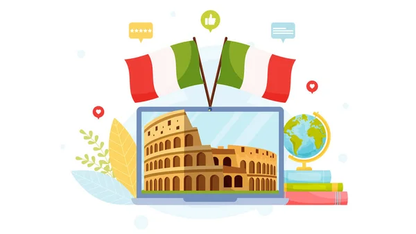 Olaszország Nyelviskolája Online Iskolai Koncepció Lapos Kialakítás Vektor Illusztráció — Stock Vector