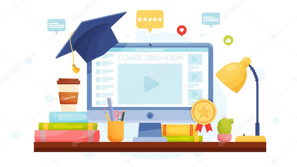 Online education graduation concept. Flat design, vector illustration. 
