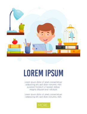 Evinde tableti olan küçük bir çocuk, uzaktan öğrenme konsepti. vektör Resimleri.