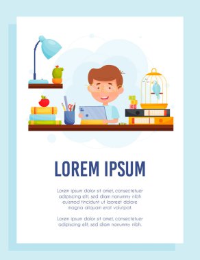 Evinde tableti olan küçük bir çocuk, uzaktan öğrenme konsepti. vektör Resimleri.