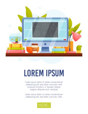 Uzaktan eğitim konsepti. Ev çalışma alanı illüstrasyonu. Vektör illüstrasyonu.