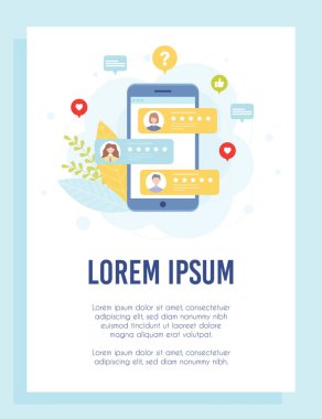 Akıllı telefon broşürü konsepti için müşteri destek değerlendirmeleri. Vektör İllüstrasyonu.