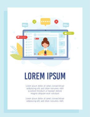 Online haber podcast broşürü konsepti. İnternetteki kadın muhabir. vektör illüstrasyonu.