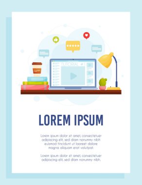Çevrimiçi video öğretim broşürü konsepti. Ev çalışma alanı. Vektör İllüstrasyonu.