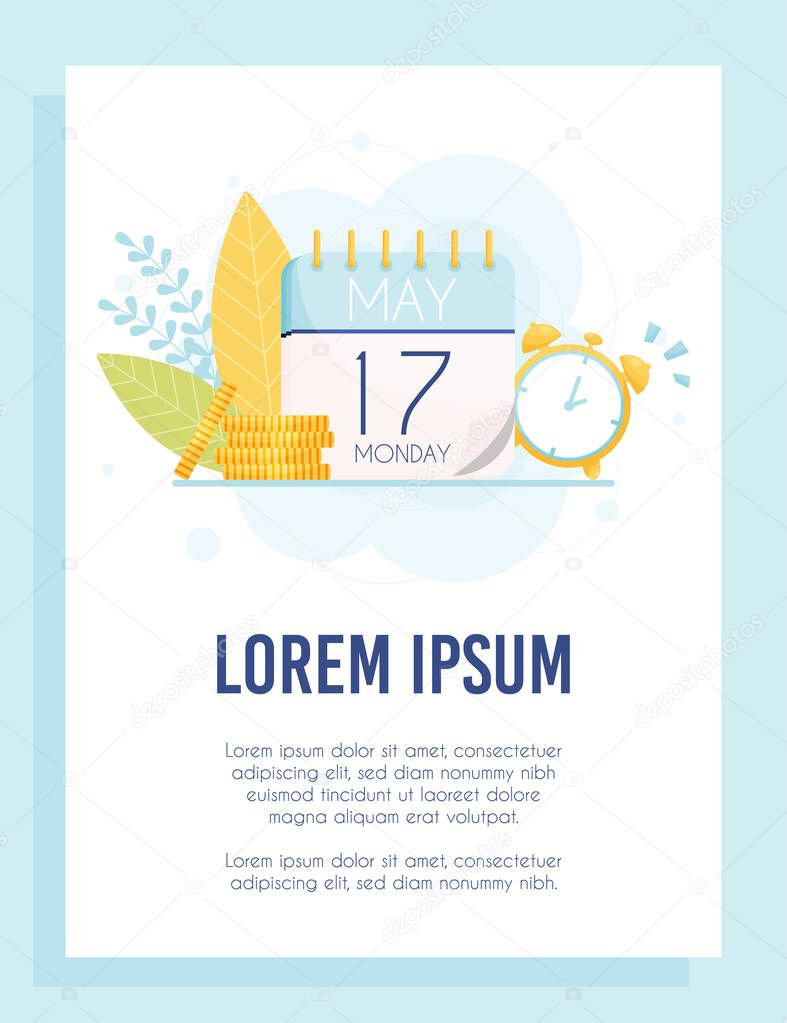 Tax time flyer concept. Calendar with due date. Alarm clock and coins. Vector Illustration.