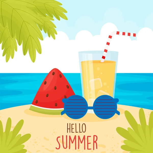 Wassermelone Glas Limonade Und Sonnenbrille Strand Hallo Sommer Hintergrund — Stockvektor