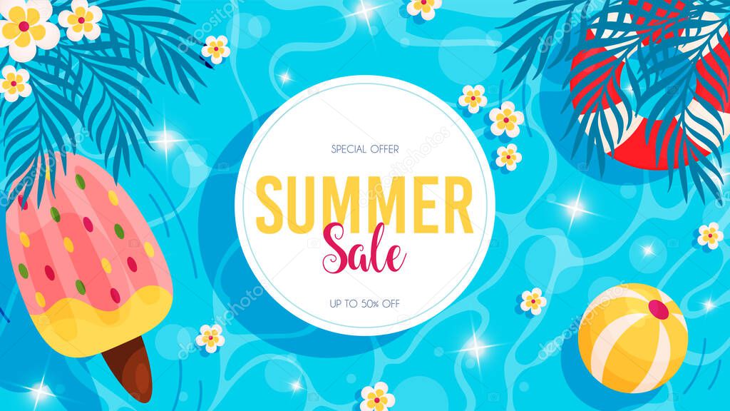 Summer sale flyer. Hello summer pool background. Vector illustration 