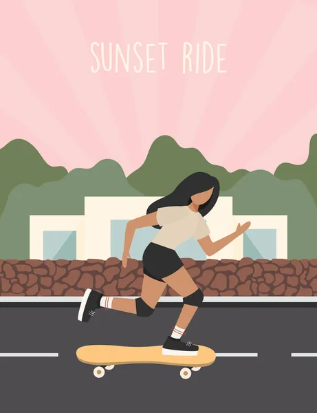 Női Gördeszkázás Sunset Ride Poszter Vektor Illusztráció — Stock Vector
