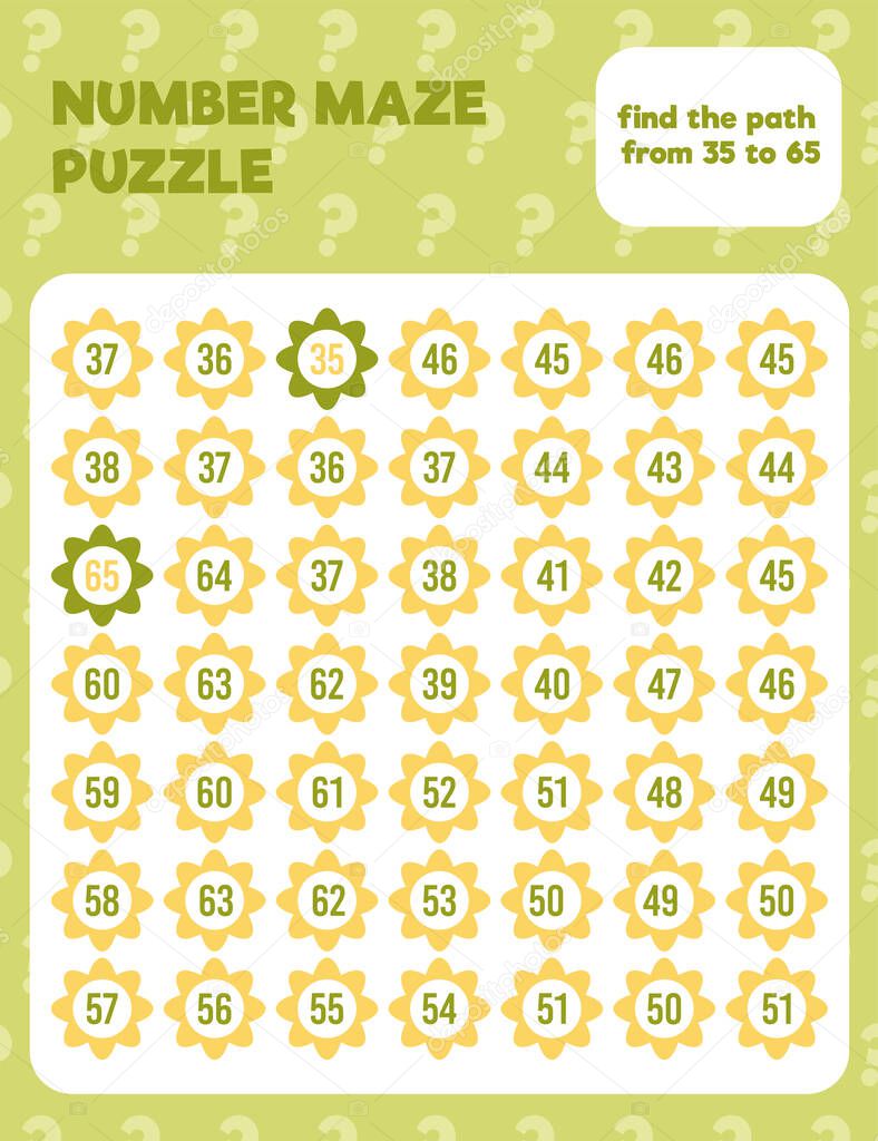 Math number maze puzzle. Prinatble math worksheet page. Easy colorful math worksheet practice for kids in preschool, elementary and middle school.