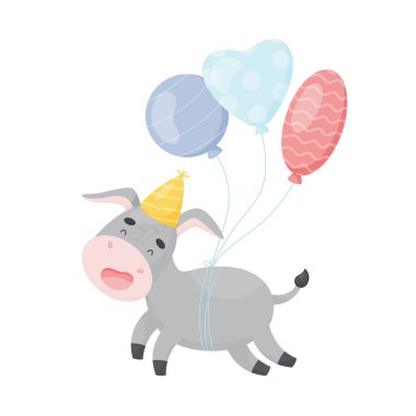 Hava balonlu sevimli eşek karakteri. Doğum günü kartı. vektör illüstrasyonu 