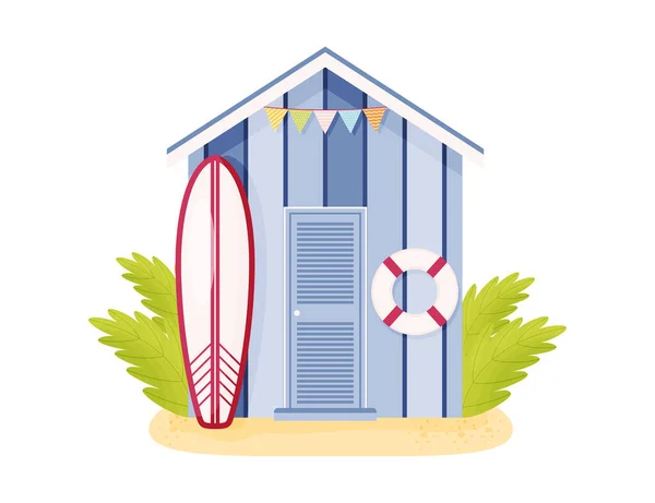 Cartoon Purple Wooden Beach Cabin Lifebuoy Surf Vector Illustration — Stock Vector