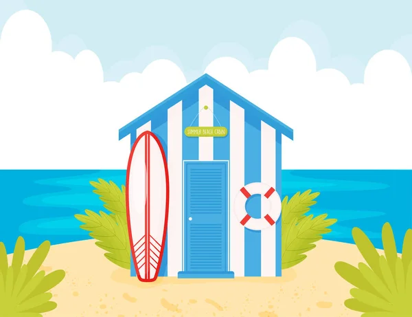 Cartoon Blue Wooden Beach Cabin Lifebuoy Surf Beach Landscape — Stock Vector