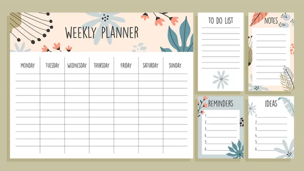 Tropisch Wekelijks Plannersjabloon Set Papieren Notities Met Handgetekende Illustraties — Stockvector