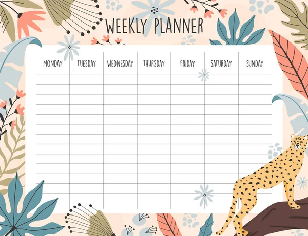 Šablona Týdenního Plánovače Tropické Gepardí Pozadí Ručně Kreslené Ilustrace — Stockový vektor