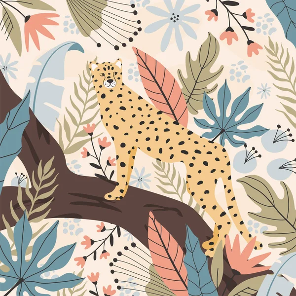 Tropické Gepardí Pozadí Ručně Kreslené Ilustrace — Stockový vektor
