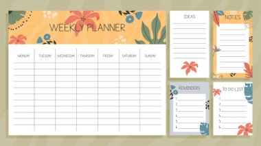 Tropik haftalık planlamacı ve kağıt notlar konsepti. Elle çizilmiş resimlerle.