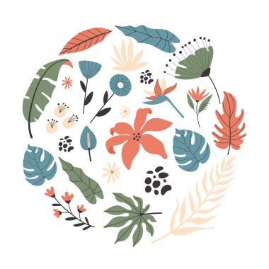 Egzotik tropik çiçekler ve yapraklar, yuvarlak stil konsepti. Elle çizilmiş resimlerle.