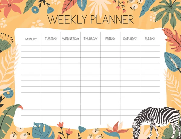 Tropisch Wekelijks Planner Concept Met Handgetekende Illustraties — Stockvector