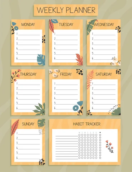 Tropische Wekelijkse Planner Gewoonte Tracker Concept Met Handgetekende Illustraties — Stockvector