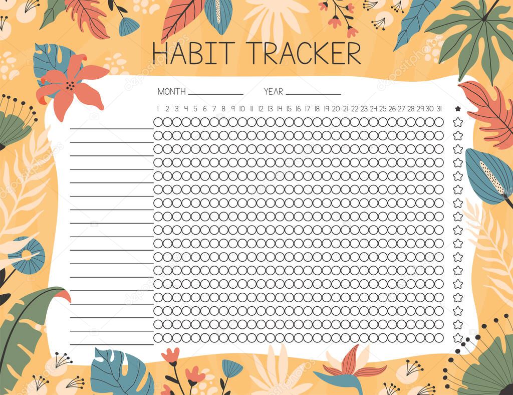Tropical habit tracker concept. with hand drawn illustrations.