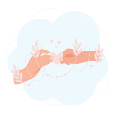 İki el bir kalbi taşır soyut bir yaprak onların kollarını sarar. Aşk konseptinde illüstrasyon. 