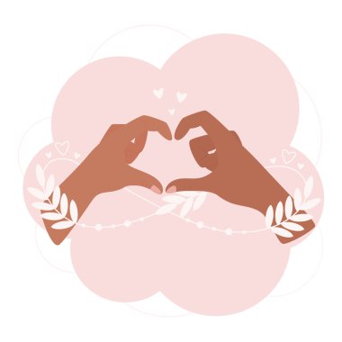 Parmaklarla kalp yapan iki el. Soyut bir sonsuzluk şekli yapraksı filizler kollarını sarıyor. Aşk konseptinde illüstrasyon. 