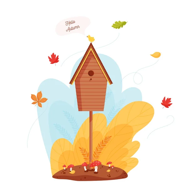 Kreslená Dřevěná Ptačí Budka Lese Malí Ptáčci Tweetují Ahoj Podzim — Stockový vektor