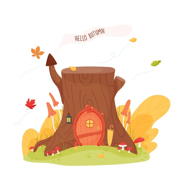 Casa Floresta Minúscula Fadas Toco Com Texto Hello Autumn Desenho — Vetor de Stock