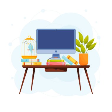 Çocuk işyeri konsepti. Masanın üzerinde geniş ekran masaüstü. Vektör illüstrasyonu.