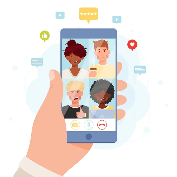 Hand Hålla Smartphone Med Online Möte Konferens Chatt Video Chat — Stock vektor
