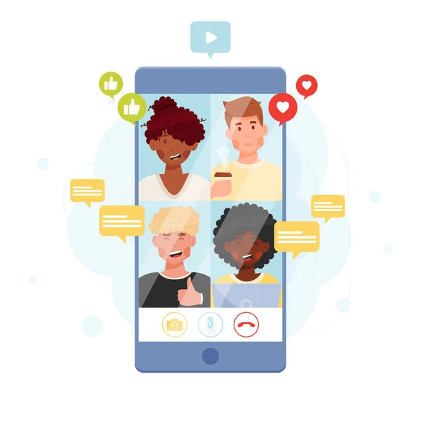 Smartphone Online Συνεδριακή Συνομιλία Έννοια Συνομιλίας Βίντεο Φυσαλίδες Κοινοποίησης Εικονογράφηση — Διανυσματικό Αρχείο