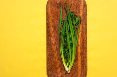 Su damlacıklarıyla kaplı sulu yeşil bir mutfak bitkisi demeti. Islak mutfak tahtasında soğan, dereotu, maydanoz. Sarı arkaplan.