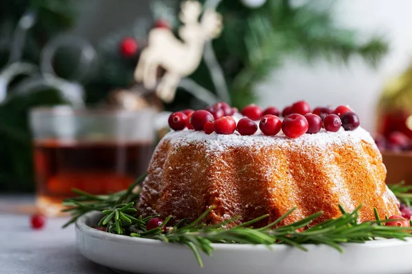Horizontal Close Winter Christmas Cake Cranberries Rosemary Festive Decor — Stock Photo, Image