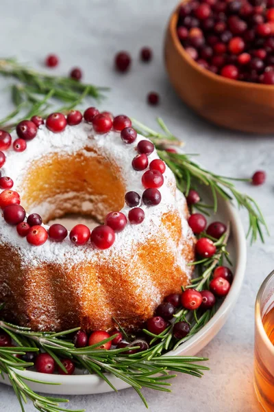 Close Christmas Cake Cranberries Rosemary Concept Holiday Dessert Christmas New — Stock Photo, Image