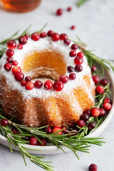 Close Christmas Cake Cranberries Rosemary Concept Holiday Dessert Christmas New — Stock Photo, Image