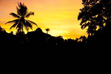 Gün batımında Prambanan tapınağının siluetleri