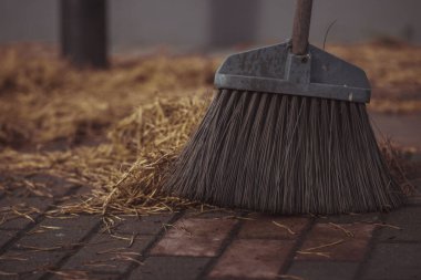Süpürgenin alt kısmı düşmüş iğnelerden avluyu temizlerken