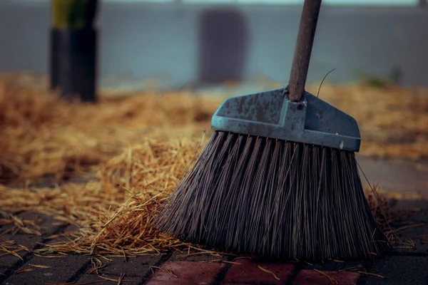 Het Onderste Deel Van Bezem Bij Het Schoonmaken Van Werf — Stockfoto