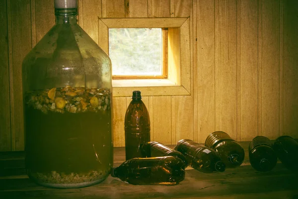 Russian National Homemade Folk Drink Made Bread Kvass Glass Bottle — Stock fotografie