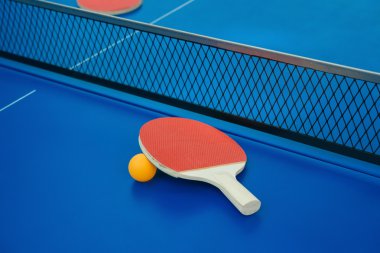 pingpong raket ve top ve bir mavi pingpong tablo net
