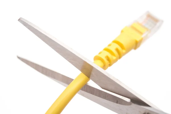 Cutting a yellow network cable with scissors on white — Stock Photo, Image